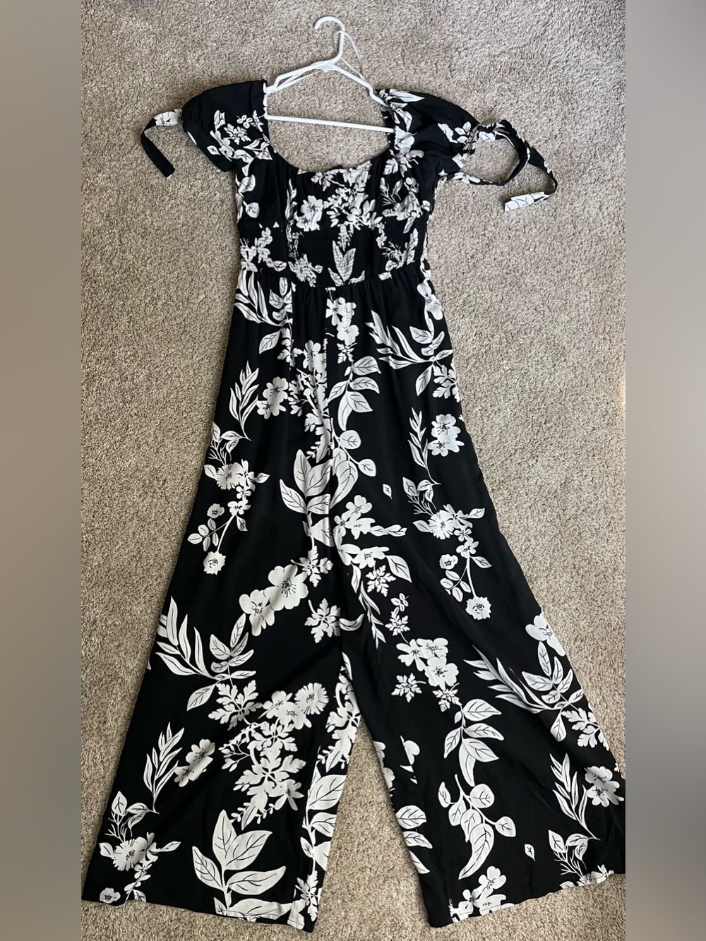 Lulu's Black & White Floral Smocked Jumpsuit